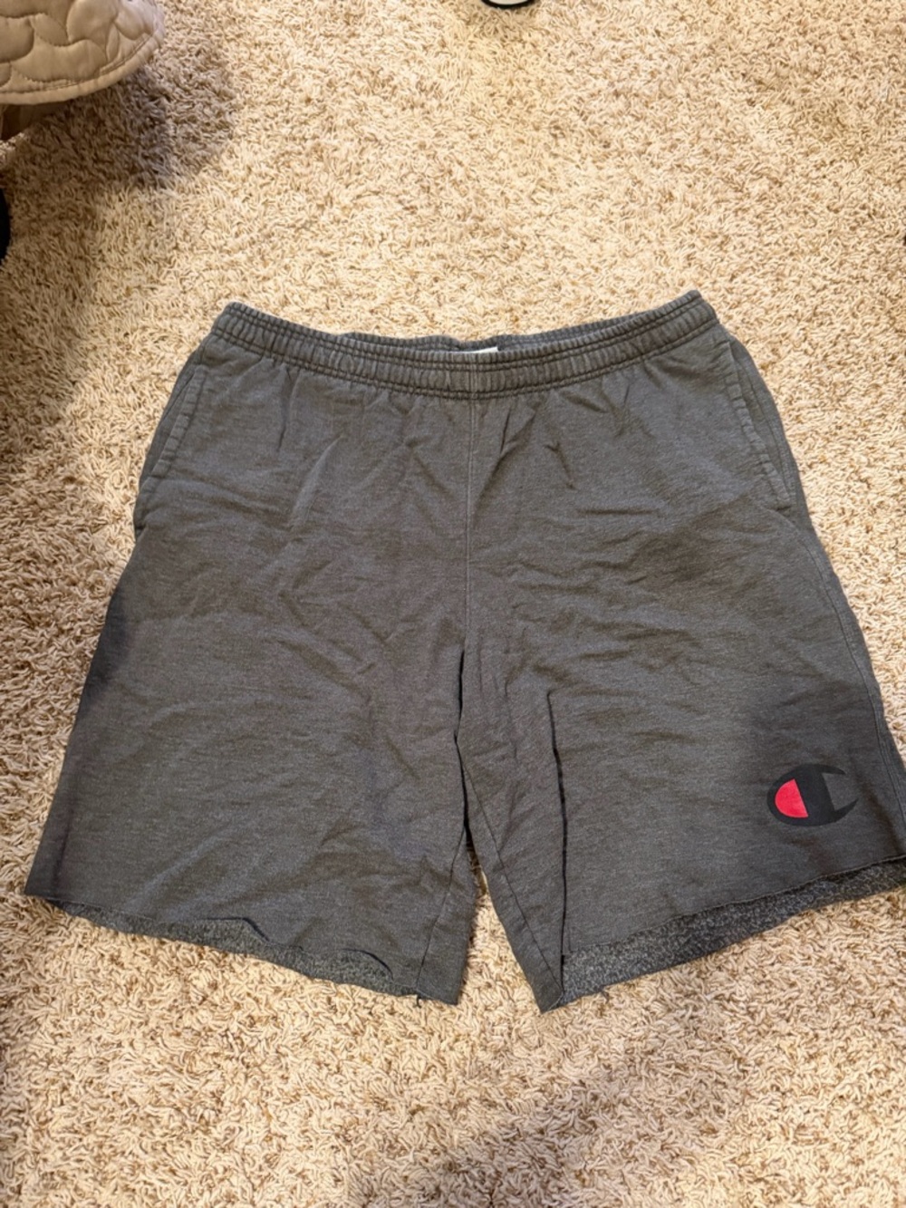Champion Men’s Dark Gray Athletic Shorts with Red Logo